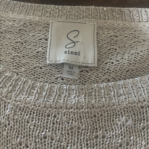 SIONI Shimmering Sparkling Cream Lightweight Tie Front Crochet Sweater Top SZ M - Picture 7 of 10